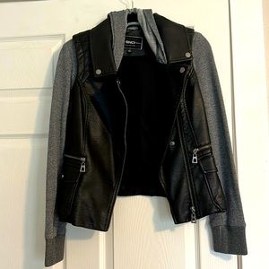 BNCI by Blanc Nior black leather jacket with cotton sleeves and hoodie
